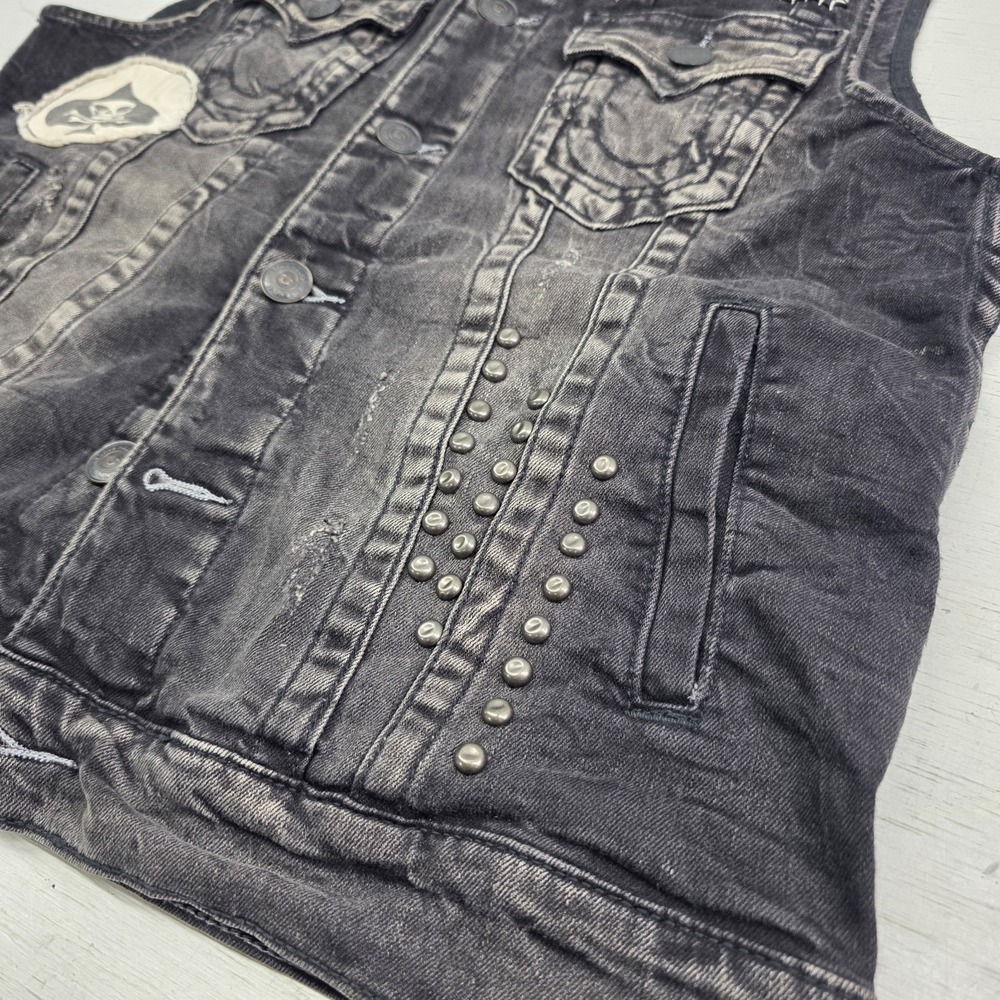 True Religion Distressed Jimmy Western Denim Vest Jacket Black Concrete Men's S - Picture 4 of 16